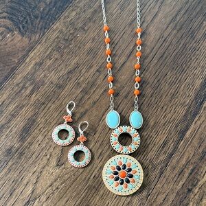 Lia Sophia Turquoise & Orange Floral Medallion Necklace with Matching Earrings
